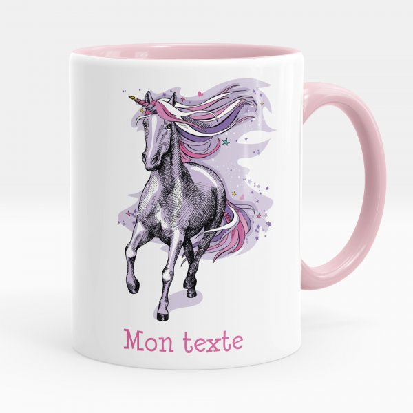 Mug personnalisable pour enfant avec motif licorne violette de couleur rose