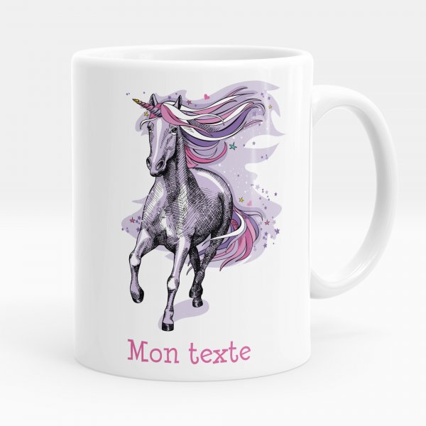 Mug personnalisable pour enfant avec motif licorne violette de couleur blanc