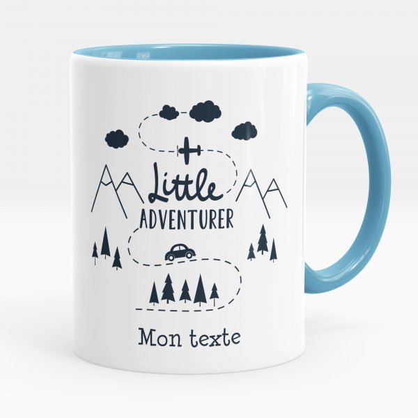 Mug personnalisable pour enfant avec motif little adventurer de couleur bleu