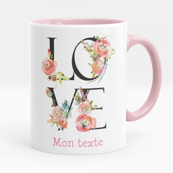 Mug personnalisable pour enfant avec motif love fleurs de couleur rose