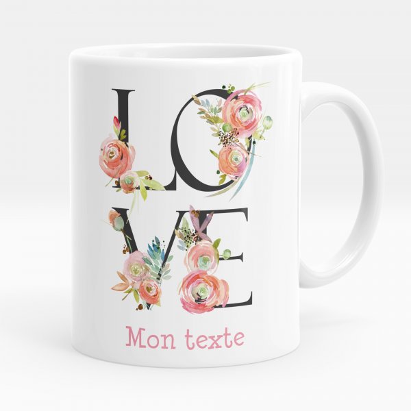 Mug personnalisable pour enfant avec motif love fleurs de couleur blanc