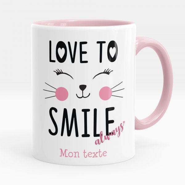 Mug personnalisable pour enfant avec motif love to smile always de couleur rose