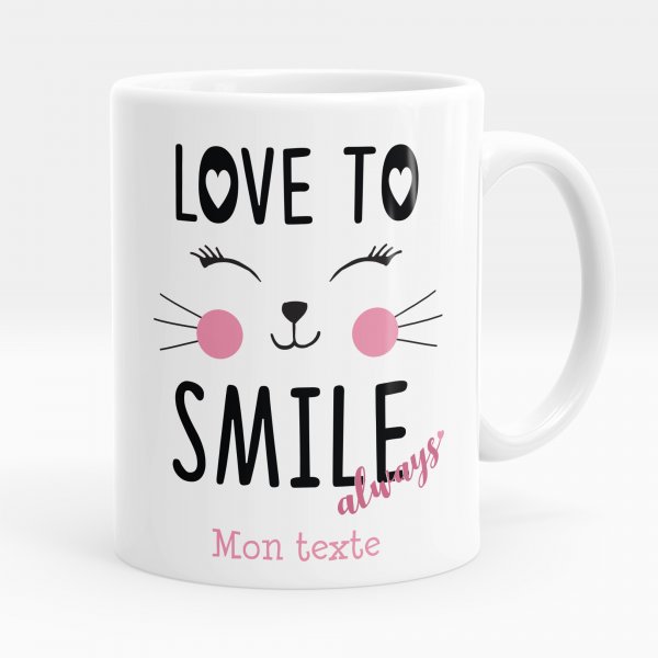 Mug personnalisable pour enfant avec motif love to smile always de couleur blanc