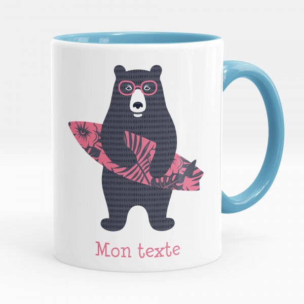 Mug personnalisable pour enfant avec motif ours surfeur de couleur bleu