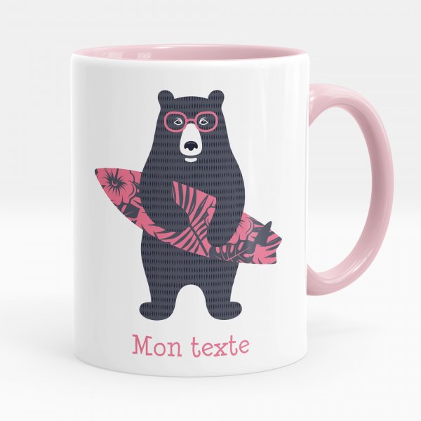 Mug personnalisable pour enfant avec motif ours surfeur de couleur rose