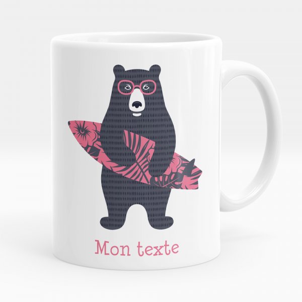 Mug personnalisable pour enfant avec motif ours surfeur de couleur blanc
