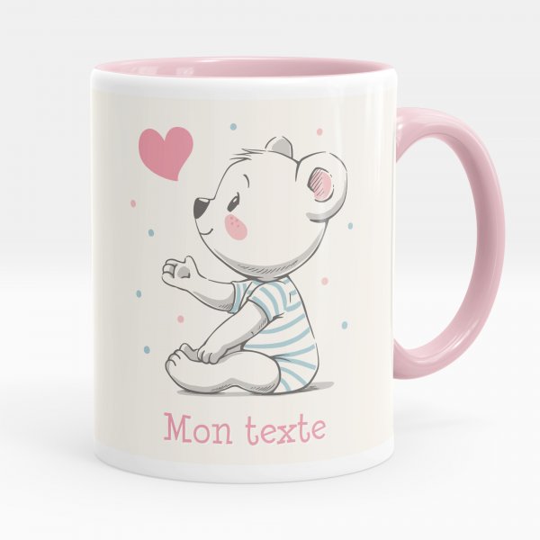 Mug personnalisable pour enfant avec motif ourson coeur de couleur rose