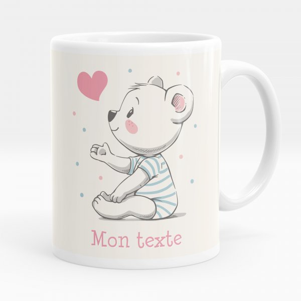 Mug personnalisable pour enfant avec motif ourson coeur de couleur blanc
