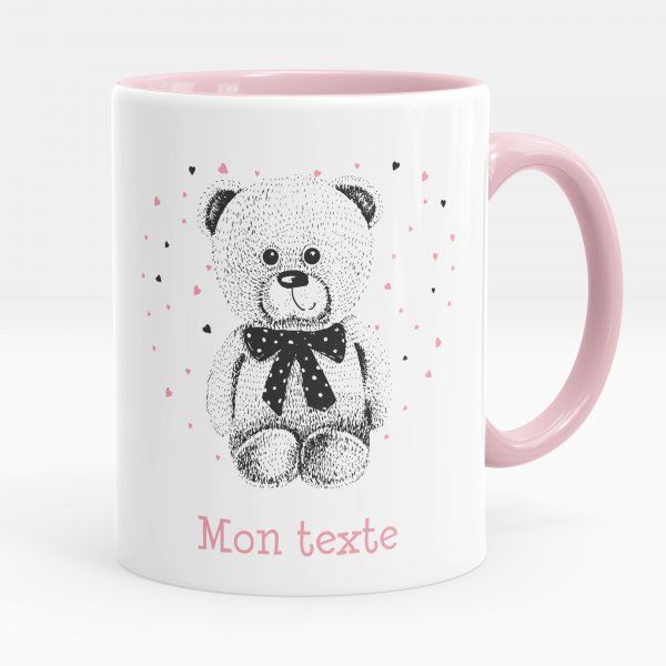 Mug personnalisable pour enfant avec motif ourson et coeurs de couleur rose