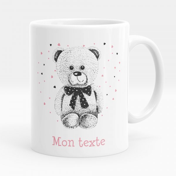 Mug personnalisable pour enfant avec motif ourson et coeurs de couleur blanc