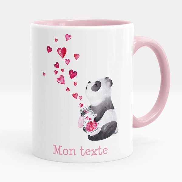 Mug personnalisable pour enfant avec motif panda et coeurs de couleur rose