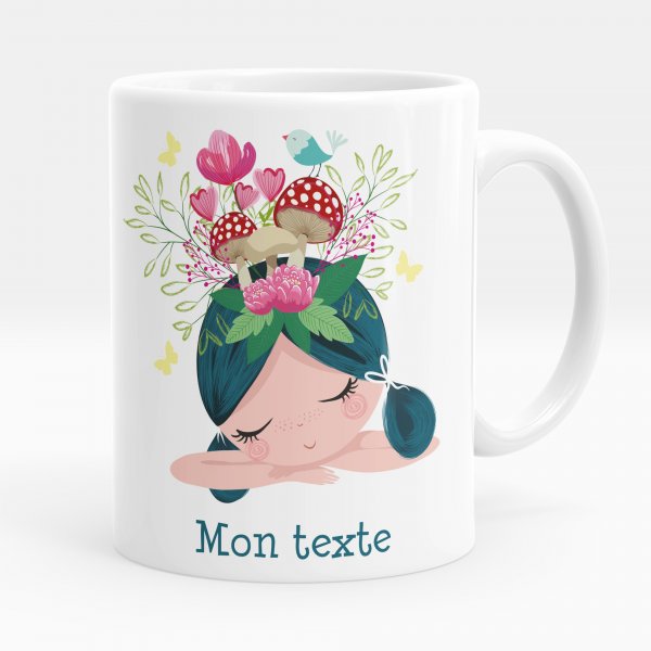 Mug personnalisable pour enfant avec motif petite fille champignons de couleur blanc