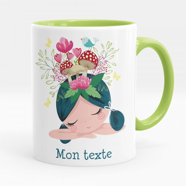 Mug personnalisable pour enfant avec motif petite fille champignons de couleur vert