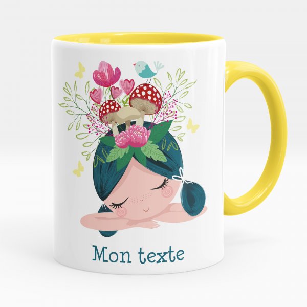 Mug personnalisable pour enfant avec motif petite fille champignons de couleur jaune