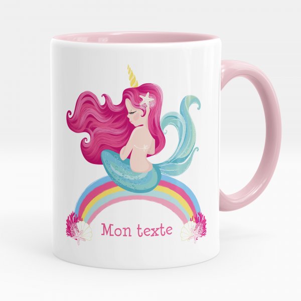 Mug personnalisable pour enfant avec motif sirène arc-en-ciel de couleur rose