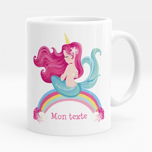 Mug personnalisable pour enfant avec motif sirène arc-en-ciel de couleur blanc