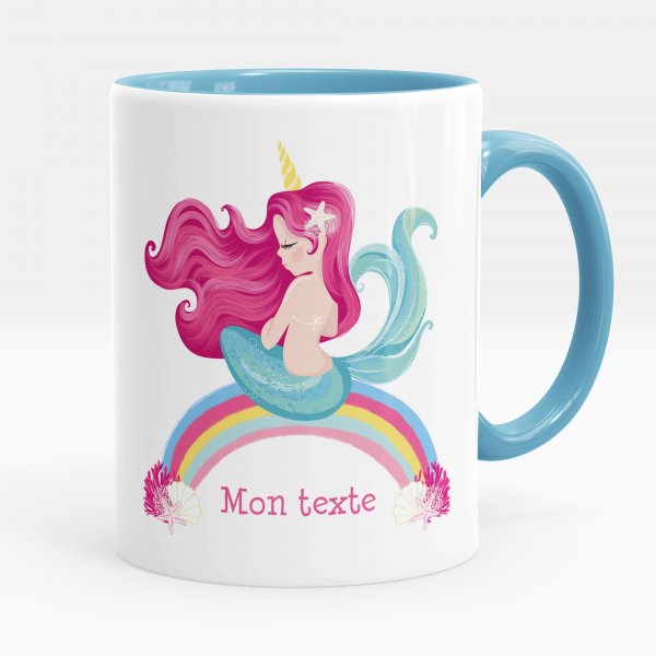 Mug personnalisable pour enfant avec motif sirène arc-en-ciel de couleur bleu