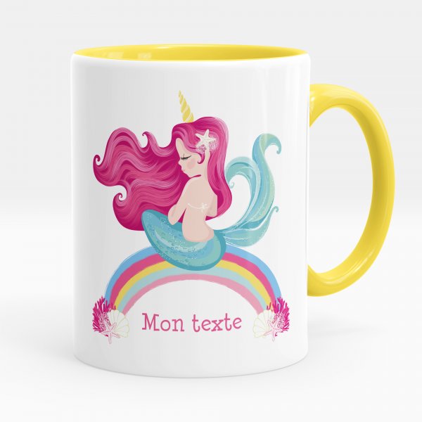 Mug personnalisable pour enfant avec motif sirène arc-en-ciel de couleur jaune