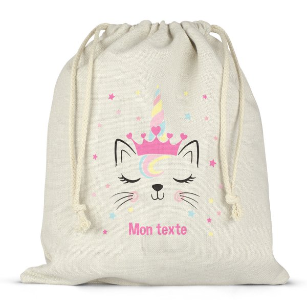 Sac à ficelles ou cordon personnalisable pour lunch box - bento - boite à repas motif chat licorne