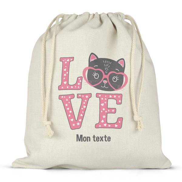 Sac à ficelles ou cordon personnalisable pour lunch box - bento - boite à repas motif chat love