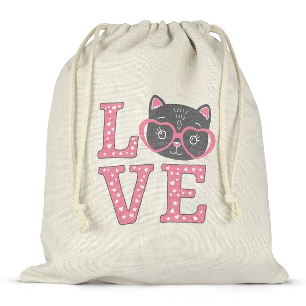 Sac à ficelles ou cordon pour lunch box - bento - boite à repas motif chat love