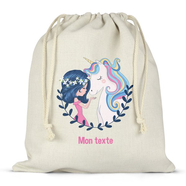 Sac à ficelles ou cordon personnalisable pour lunch box - bento - boite à repas motif fille et licorne