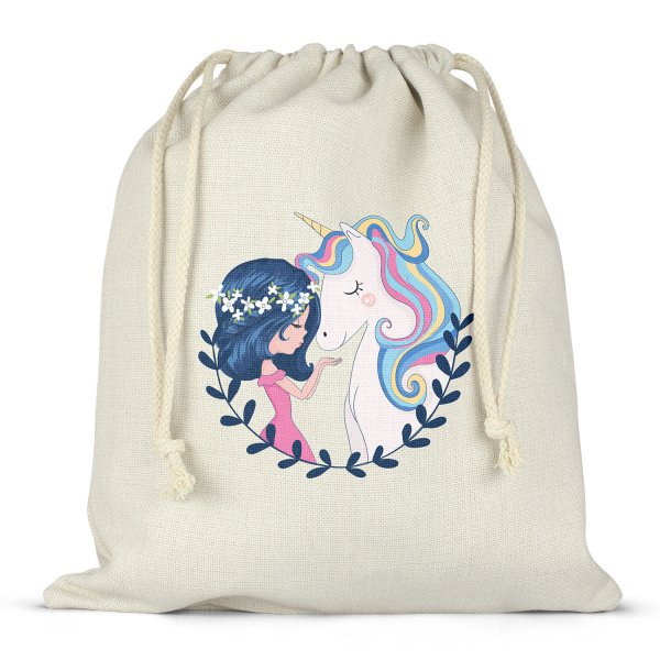 Sac à ficelles ou cordon pour lunch box - bento - boite à repas motif fille et licorne