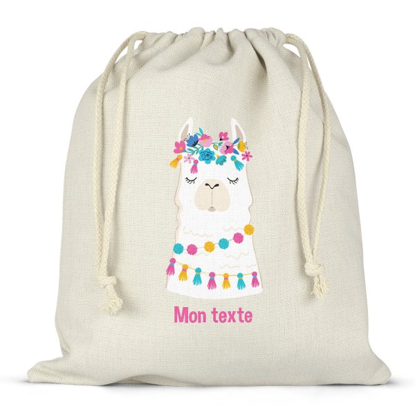 Sac à ficelles ou cordon personnalisable pour lunch box - bento - boite à repas motif lama fleurs