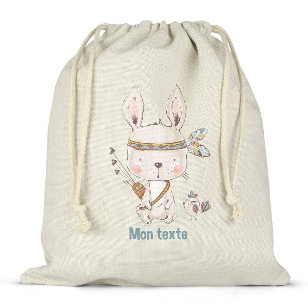 Sac à ficelles ou cordon personnalisable pour lunch box - bento - boite à repas motif lapin indien