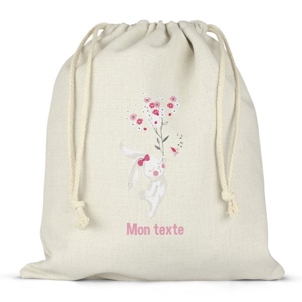 Sac à ficelles ou cordon personnalisable pour lunch box - bento - boite à repas motif lapine fleurs