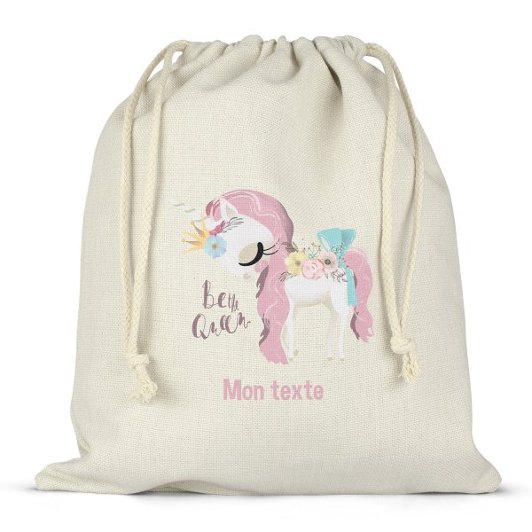 Sac à ficelles ou cordon personnalisable pour lunch box - bento - boite à repas motif licorne be the queen