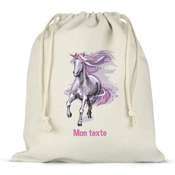 Sac à ficelles ou cordon personnalisable pour lunch box - bento - boite à repas motif licorne violette