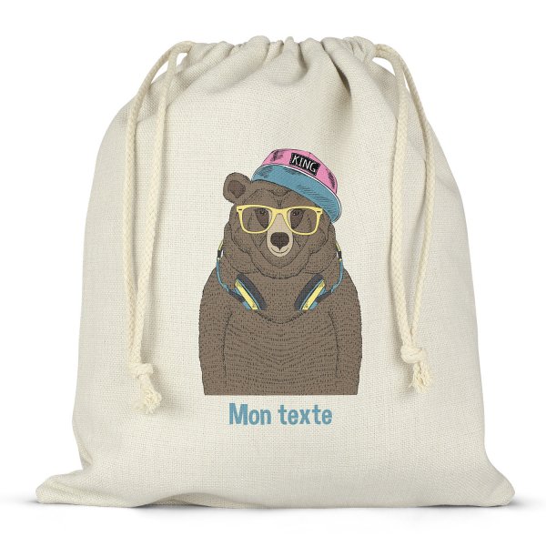 Sac à ficelles ou cordon personnalisable pour lunch box - bento - boite à repas motif ours musique