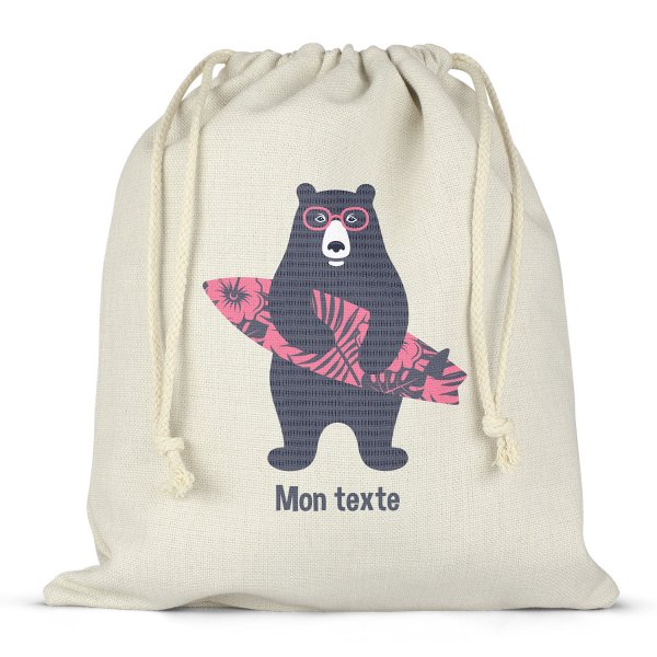 Sac à ficelles ou cordon personnalisable pour lunch box - bento - boite à repas motif ours surfeur