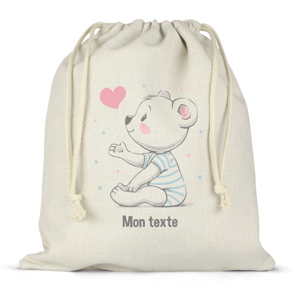 Sac à ficelles ou cordon personnalisable pour lunch box - bento - boite à repas motif ourson coeur