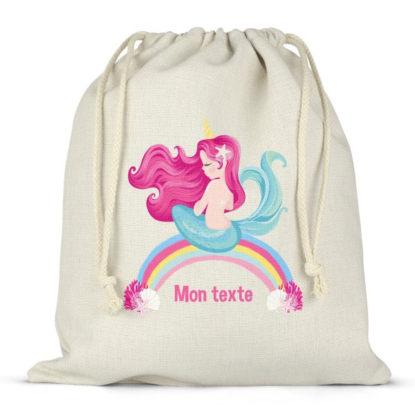 Sac à ficelles ou cordon personnalisable pour lunch box - bento - boite à repas motif sirène arc-en-ciel