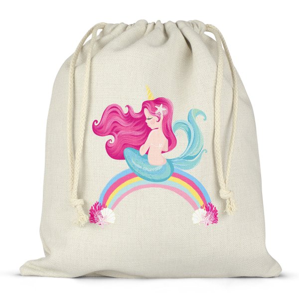 Sac à ficelles ou cordon pour lunch box - bento - boite à repas motif sirène arc-en-ciel