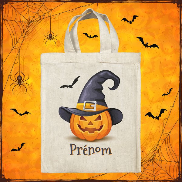 sac tote bag d'halloween pour enfant personnalisable avec motif citrouille sorcière
