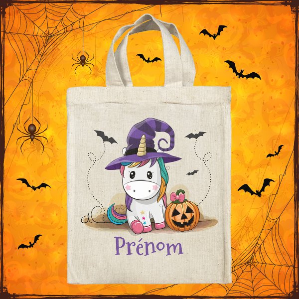 sac tote bag d'halloween pour enfant personnalisable avec motif licorne sorcière