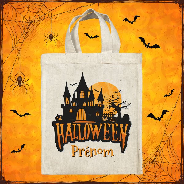 sac tote bag d'halloween pour enfant personnalisable avec motif maison hantée