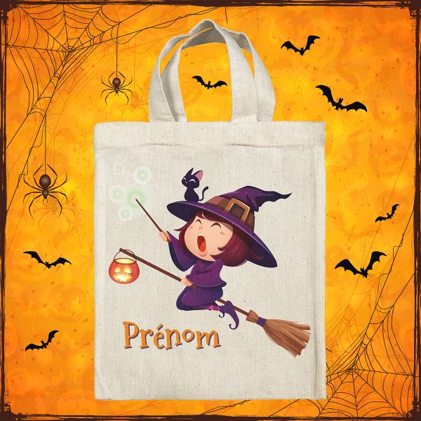 sac tote bag d'halloween pour enfant personnalisable avec motif sorcière sur son balai