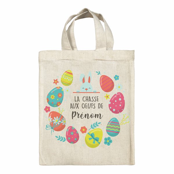 sac tote bag de pâques pour enfant personnalisable avec motif la chasse aux oeufs de