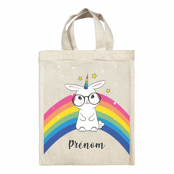 sac tote bag de pâques pour enfant personnalisable avec motif lapin arc-en-ciel