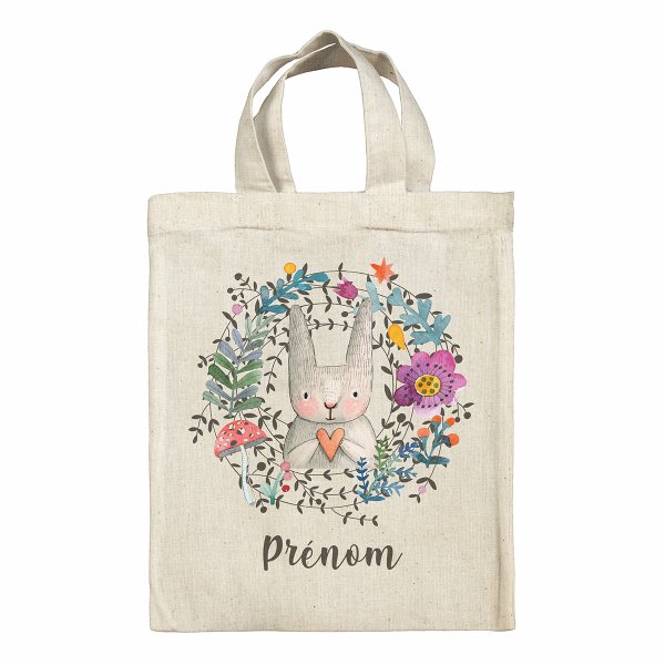 sac tote bag de pâques pour enfant personnalisable avec motif lapin fleurs