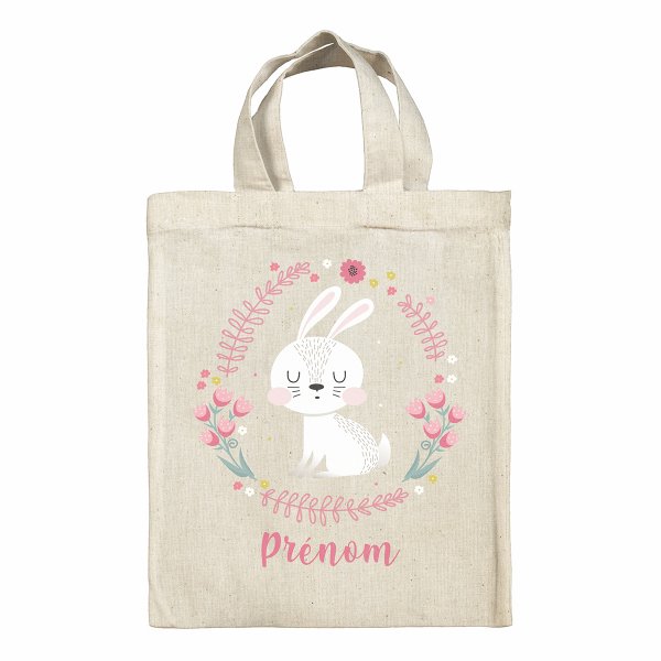 sac tote bag de pâques pour enfant personnalisable avec motif lapine fleurs