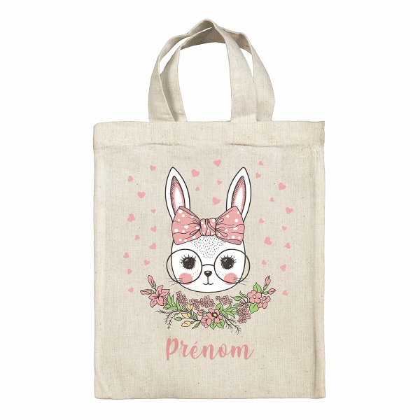 sac tote bag de pâques pour enfant personnalisable avec motif lapine coeurs