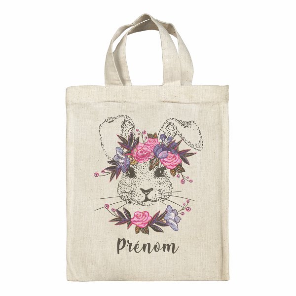 sac tote bag de pâques pour enfant personnalisable avec motif lapine fleurs