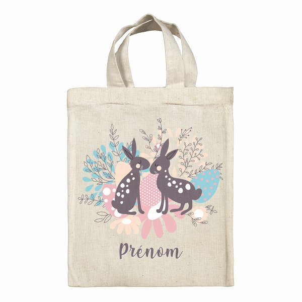 sac tote bag de pâques pour enfant personnalisable avec motif lapins oeufs