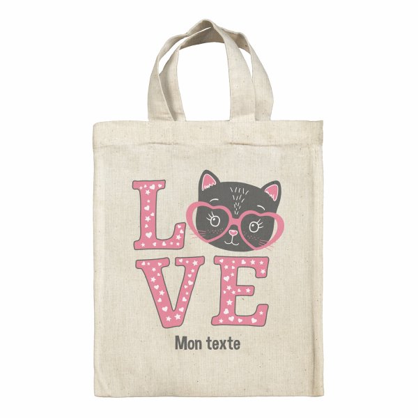 Sac tote bag personnalisable enfant pour lunch box - bento - boite à repas motif Chat Love