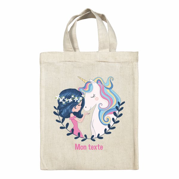 Sac tote bag personnalisable enfant pour lunch box - bento - boite à repas motif Fille et licorne